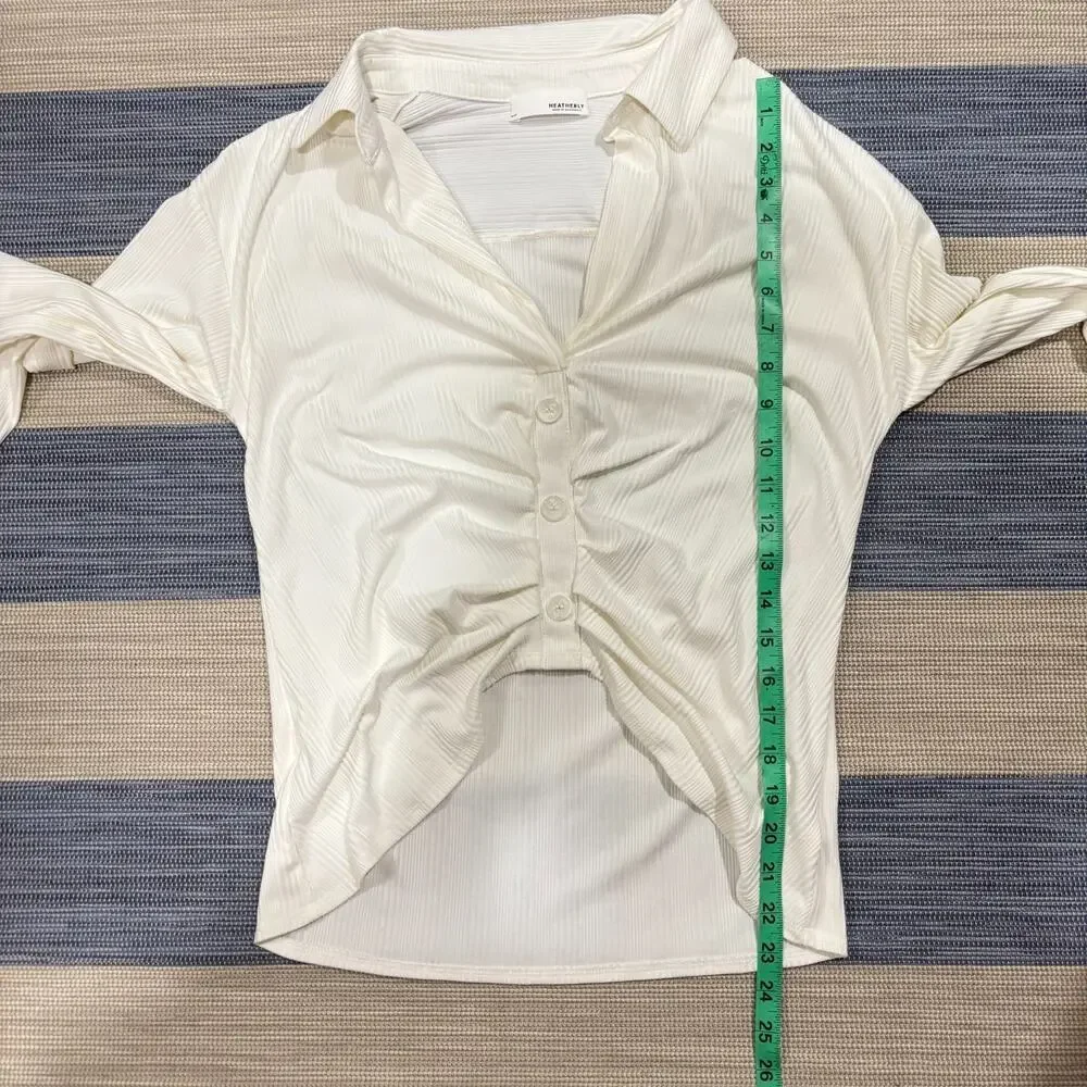 Heatherly Ribbed Ruched Button-Front Collared Top Ivory Small - Picture 6 of 6